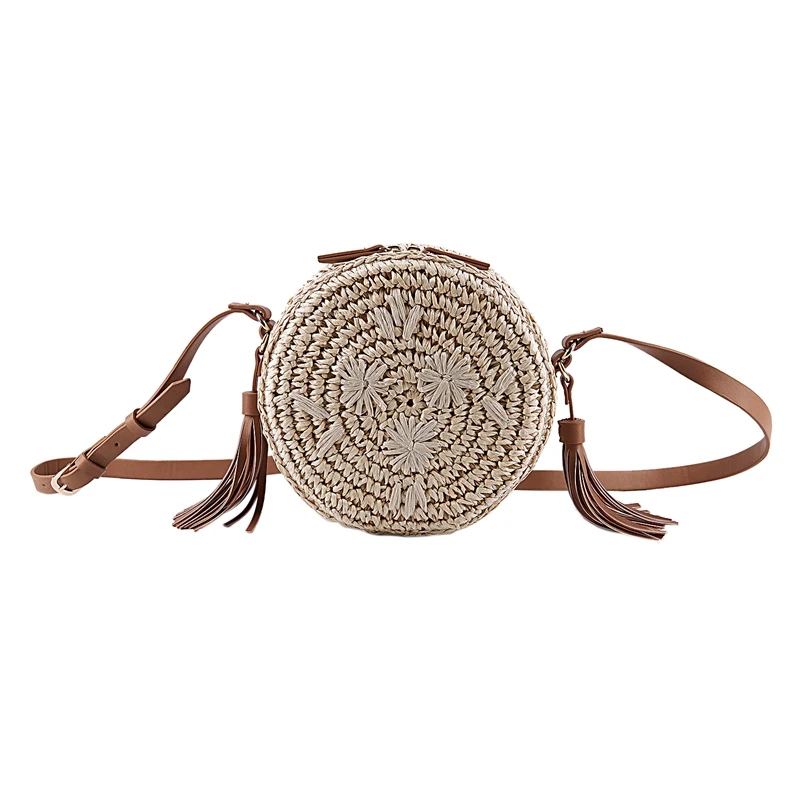 

Fashion Tassel Round Straw Bag Small Fresh Embroidered Retro Beach Bag Casual Woven Handbag For Women