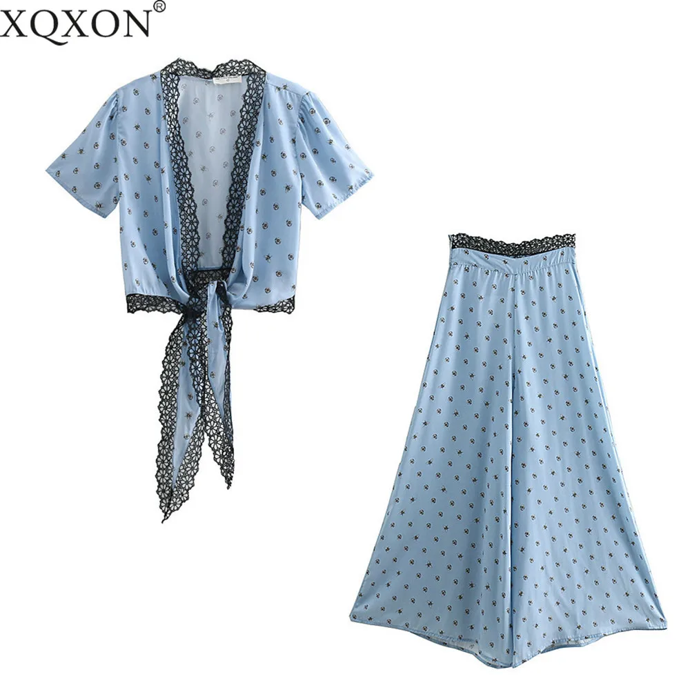 

Summer 2019 Woman Shirts Set chic lace patchwork kimono blouses flower print blue wide leg pants suits Two Piece Set