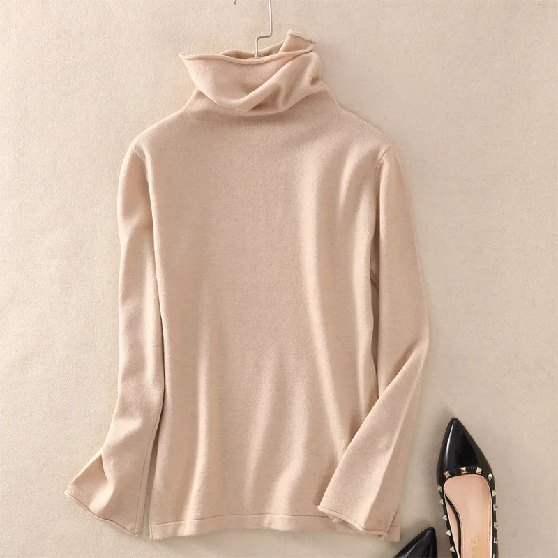 Cuffed Turtleneck Sweater Women's Long Sleeve Solid Color Short Stacked Collar | Женская одежда