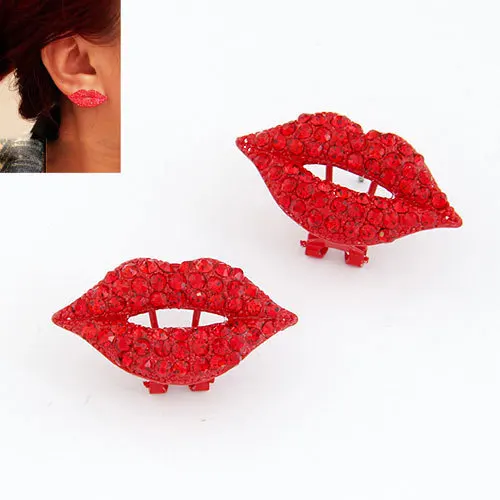 

LEMOER New Fashion Full Crystal Rhinestone Sexy Red Lip Earrings Bling Gothic Punk Style Women Clip Earrings Jewelry