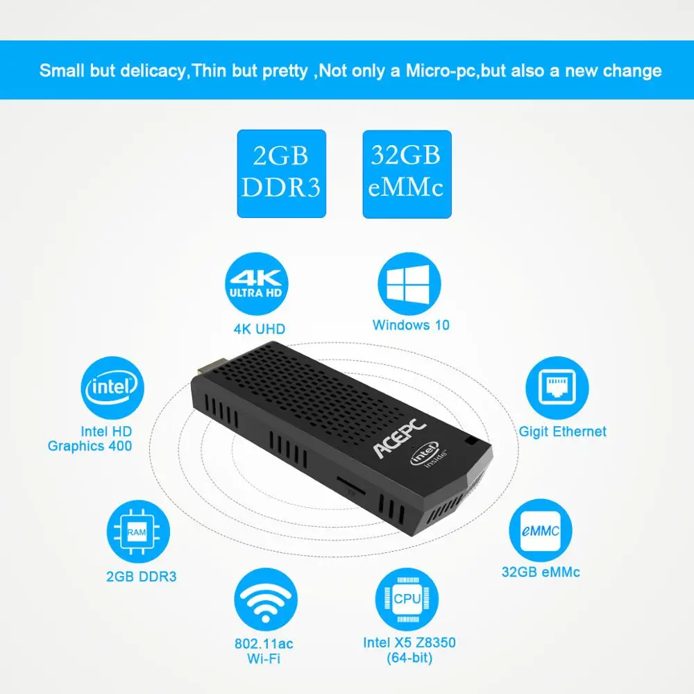 

T6 Pro Mini PC Intel Atom Z8350 Quad Core 1.44GHz Windows10 licenced 4GB RAM 64GB ROM 2.4G/5G WiFi BT 4.0 USB 3.0 Compute Stick