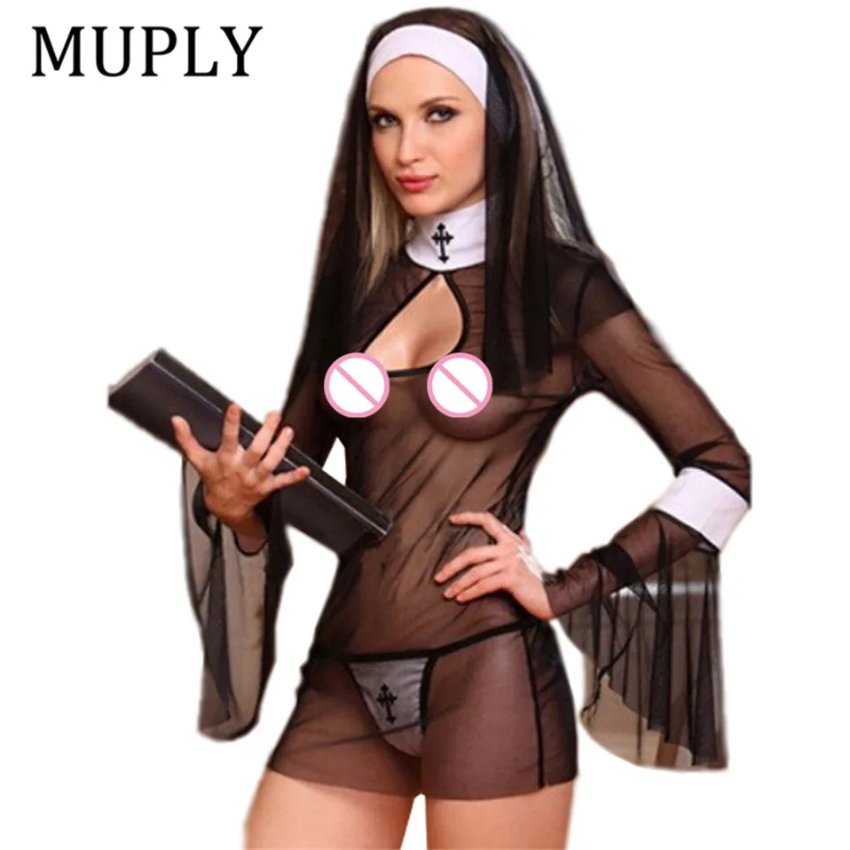 

2019 New Sexy Costume Women Cosplay Nuns Uniform Transparent Sexy Lingerie Exotic Nun Halloween Costumes Dress Outfit Clothing