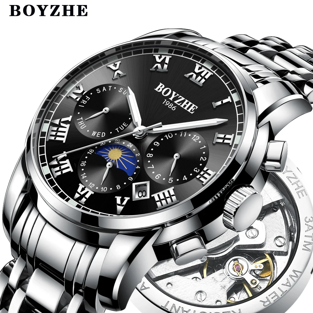 

BOYZHE 2019 Luxury Brand Mens Automatic Mechanical Moon Phase Watch Stainless Steel Waterproof Casual Sport Men Watches