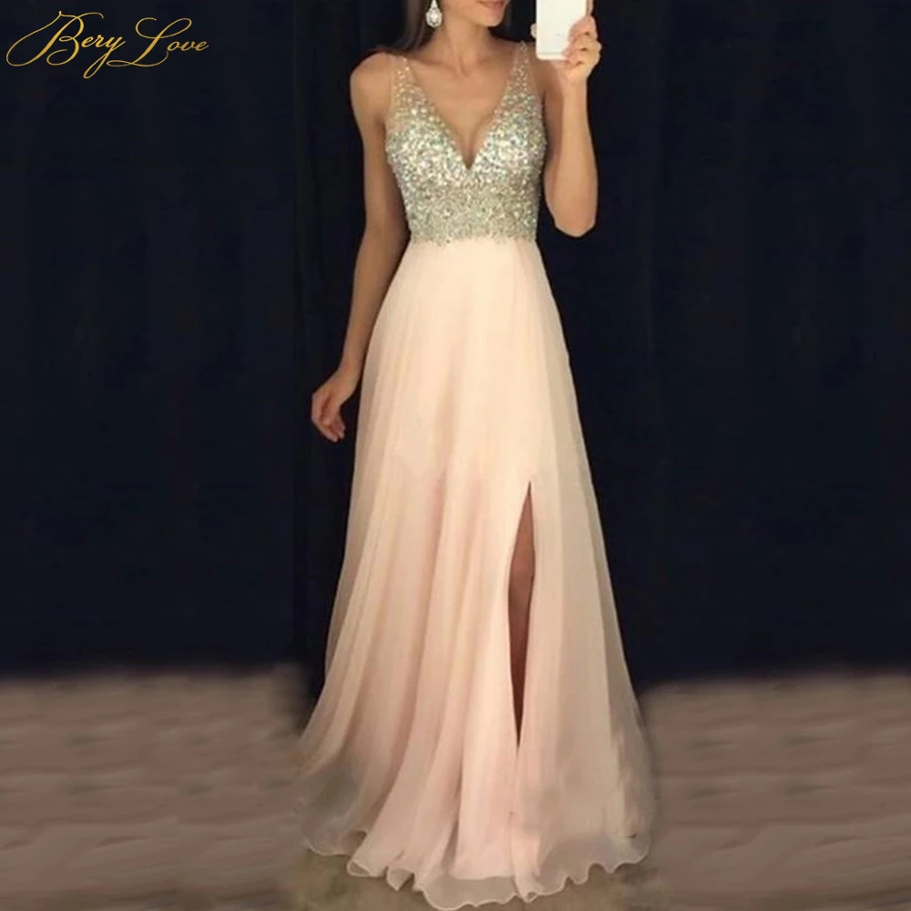 

Blush Pink Elegant 2019 Evening Dress Diamond Crystal Beaded Sexy V neckline High Slit Chiffon Prom Dress Long Re Soiree Robe
