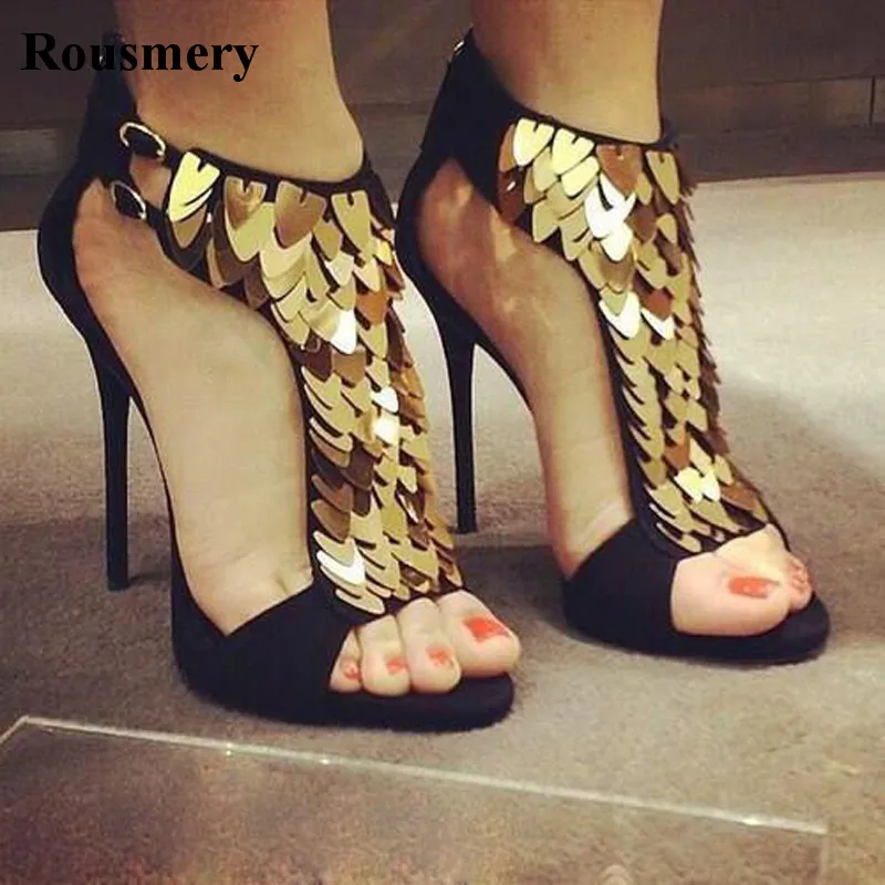 Hauts Talons Ouvert Mode Chaussures Noir Gold Bout Blingbling Gladiateur Femmes Robe Spike Sandales De Cheville À Wrap Rouge Nouvelles D'été wqTaEnY