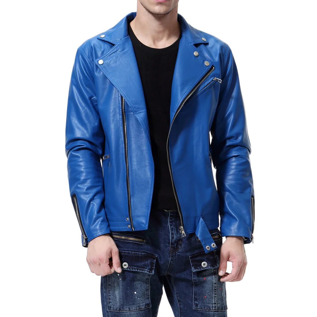 2019 new men's jacket simulation leather jacket men's motorcycle clothing men's leather blue windproof leather jacket Y667