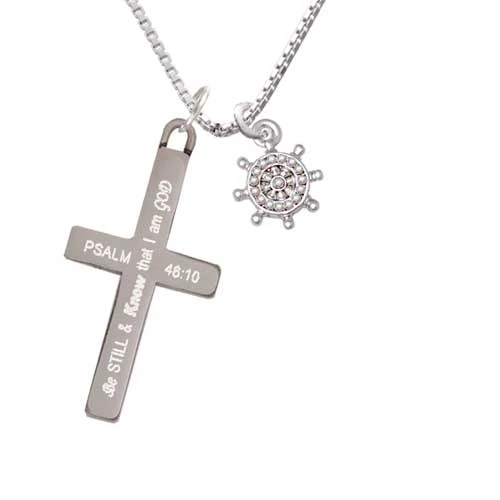Mini AB Crystal Ship Wheel - Be Still and Know - Cross Necklace (1)