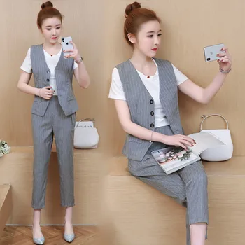 

summer 2018 Sleeveless suit summer new Korean fashion t shirt vest pants cotton linen suits office lady outfit design 3 pcs