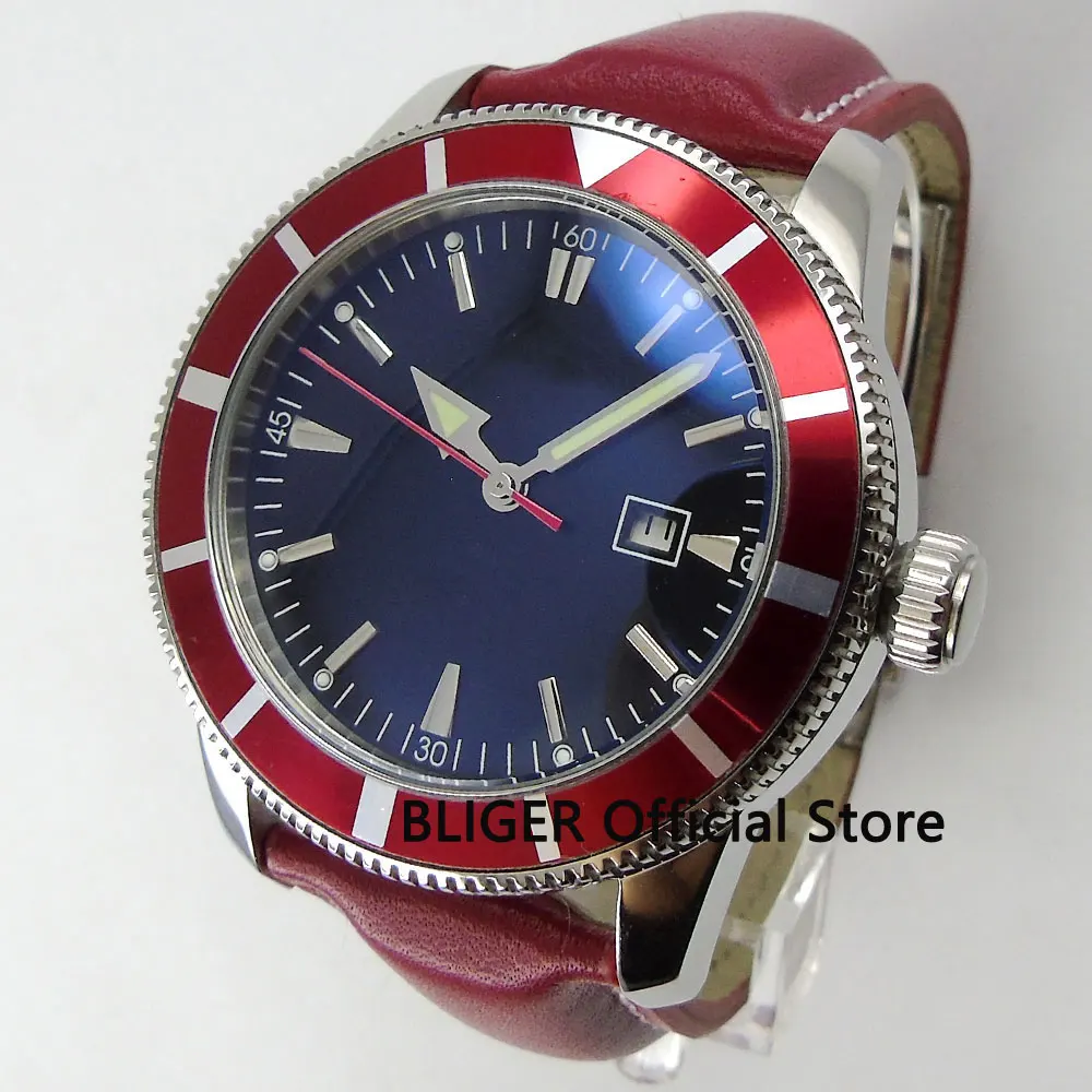 

Red Sterile Automatic Men's Watch Luminous Hand Date Window 46mm Leather Strap Turning Bezel