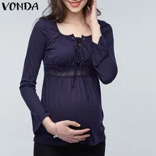 VONDA 2018 Spring Pregnant Women Long Sleeve Tops Sexy Pregnancy Lace Splice Blouses Shirts Casual Maternity Clothings Plus Size