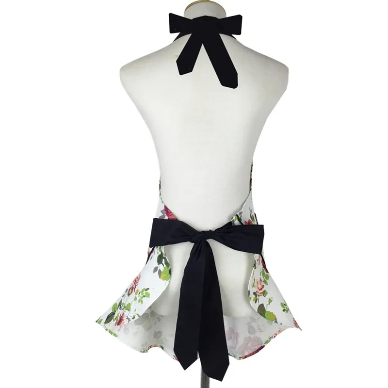 XiuMood Apron Kitchen Cooking Baking Chef Aprons For Woman Restaurant Waitress Work Bib Canvas Flowers With Black Lace Pockets
