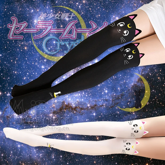 Для женщин Мода японский Harajuku Kawaii Sailor Tall кристалл милый кот Luna печатных поддельные Женские бедра чулки с брюки для девочек