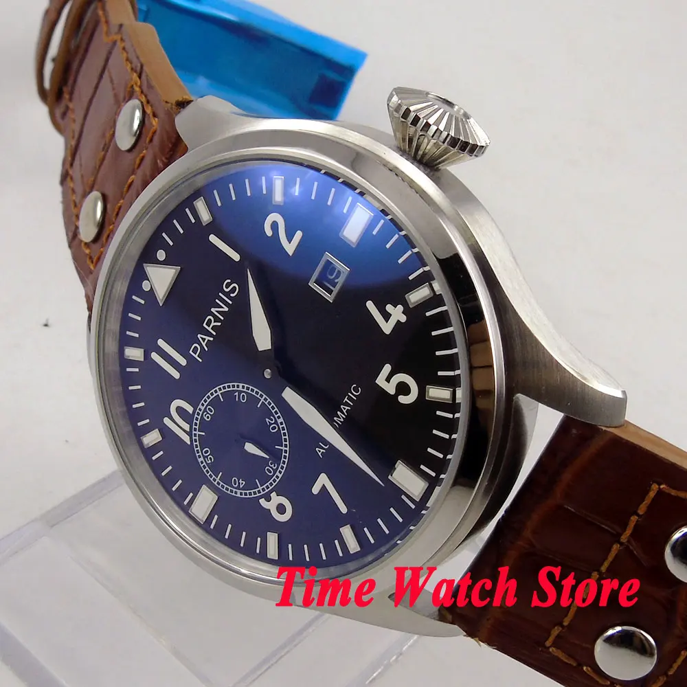 

PARNIS 47mm mechanical auto wrist watch men waterproof brown leather bracelet black dial steel luminous date big crown clasp 97
