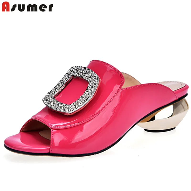 

ASUMER Plus size 33-42 New genuine leather women sandals rhinestone round heels summer peep toe ladies party shoes mules woman