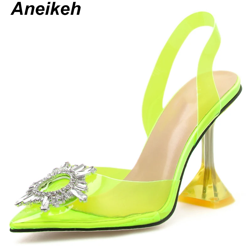 Online Aneikeh 2019 Sommer Frauen Schuhe Rom PVC Sandalen Transparent Perlen Klar Glas Dünne High Heels Slip On PU Spitzen kappe Größe 35 41