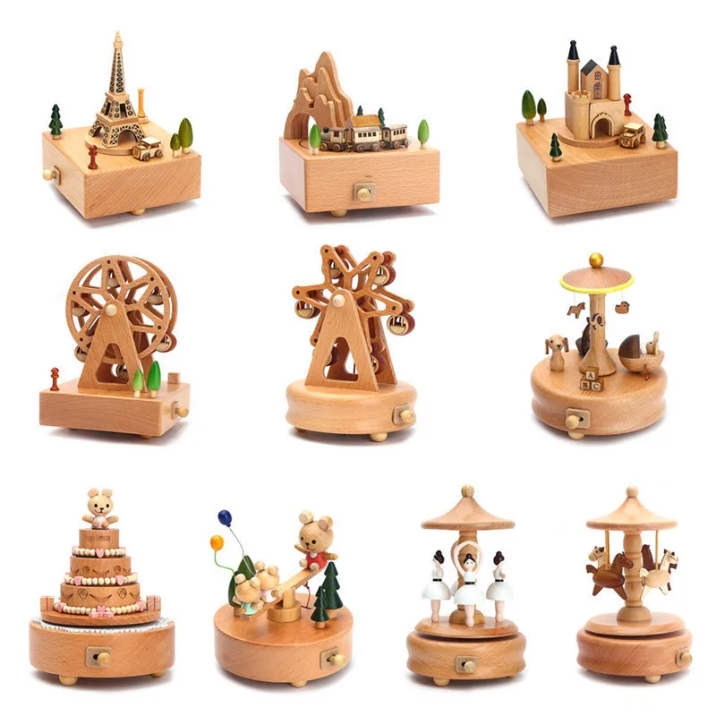 Kawaii Zakka carrusel cajas musicales caja de música de madera artesanía de madera Retro cumpleaños regalo Vintage decoración del hogar Accesorios