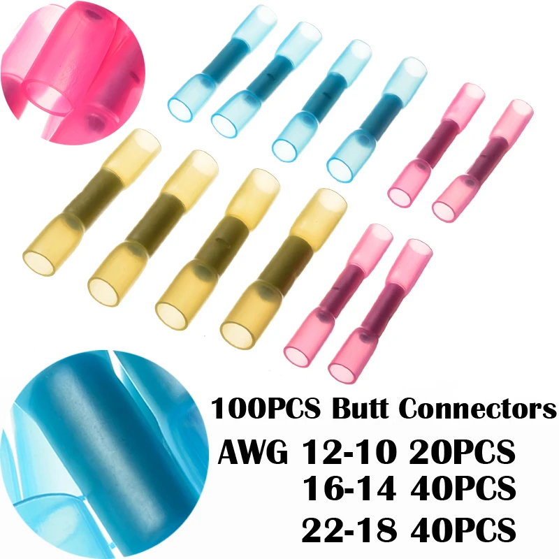 

100pcs/lot 3 Sizes Waterproof Insulated Heat Shrink Terminal Electric Wire Splice Butt Cable Crimp Terminals Connectors Kit