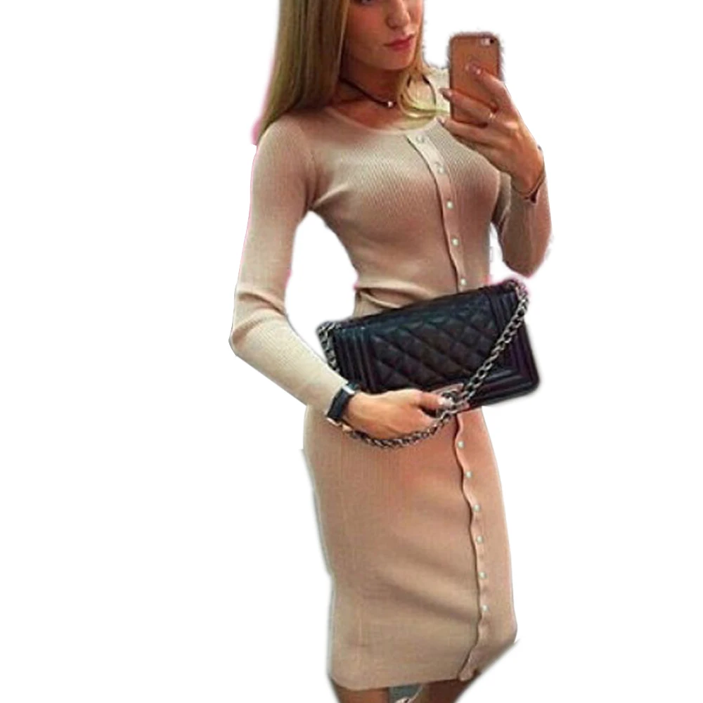 Women Knitted Buttons Dresses Autumn Winter Dress 2018 Robe Knee Length O neck Package hip Sheath