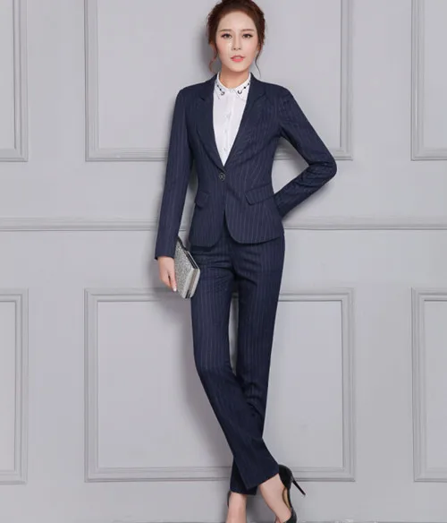 navy blue pants set 2 шт. женский костюм бизнес мода формальный длинный рукав в полоску темно-синий Блейзер брюки набор офисных леди размера плюс куртки и брюки - Цвет: navy blue pants set