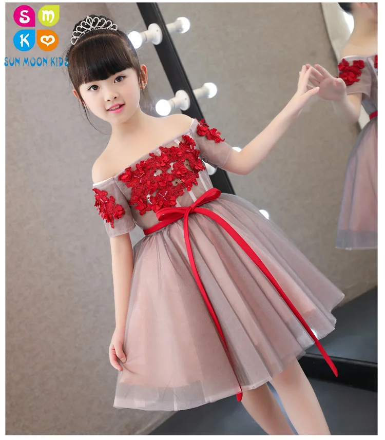 

2018 New Girl Wedding Dress Elegant Red Floral Shoulderless First communion Dress Girl Party Princess Dress Flower Girl Vestidos