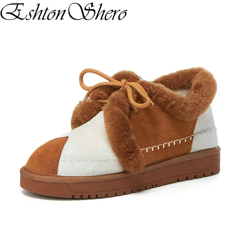 

EshtonShero Shoes Women Ankle Snow Boots Flat Heel Lace Up Round Toe Plush Fur-lined Keep Warm Ladies Casual Boots Size 34-41