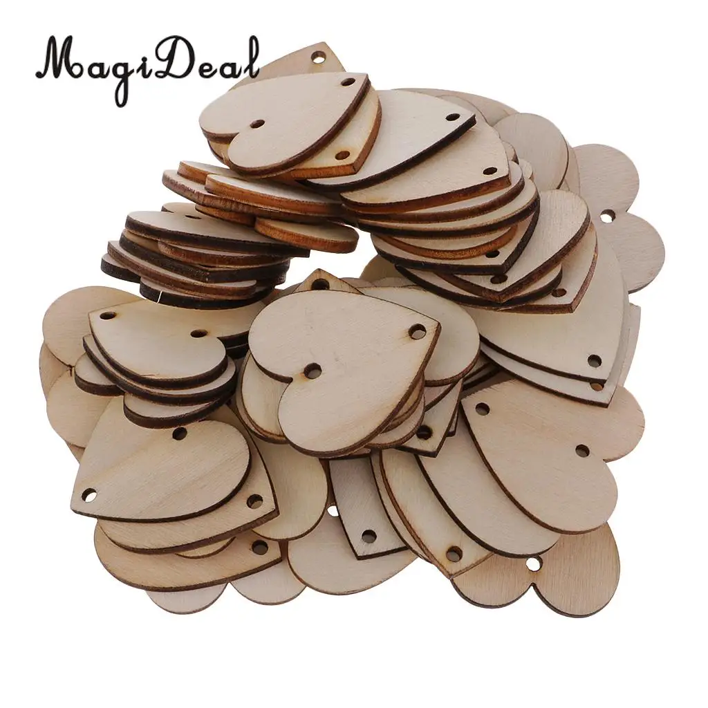 100 Pieces Heart Shape Unfinished Wood Pieces with 2 Holes for Wedding