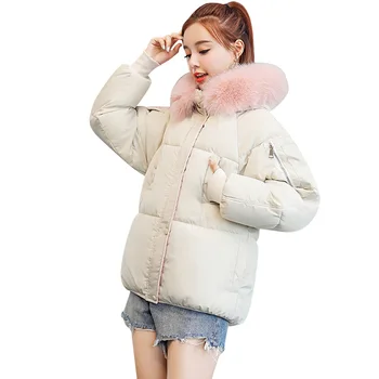 

Wmswjh 2019 New Women Winter Short Cotton-Padded Jacket Fashion Loose Fur Collar Hooded Thick Womens Outerwear Coat Parkas