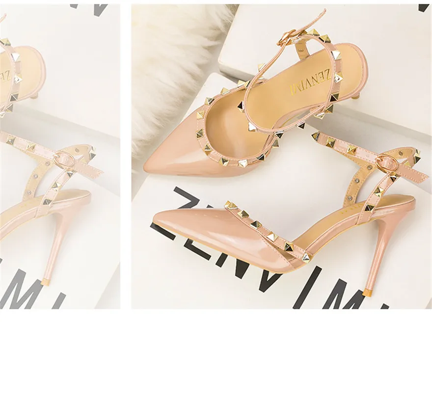 Г., летние классические женские босоножки с заклепками туфли на высоком каблуке с пряжкой на лодыжке модные женские туфли-лодочки сандалии для вечеринок лакированная кожа
