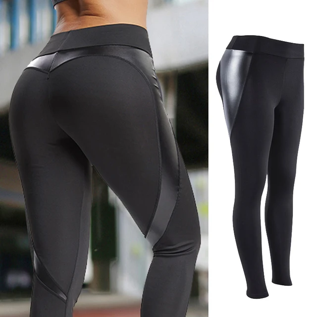Woman Yoga Pants Gym PU Leather Leggins Black Heart Shape