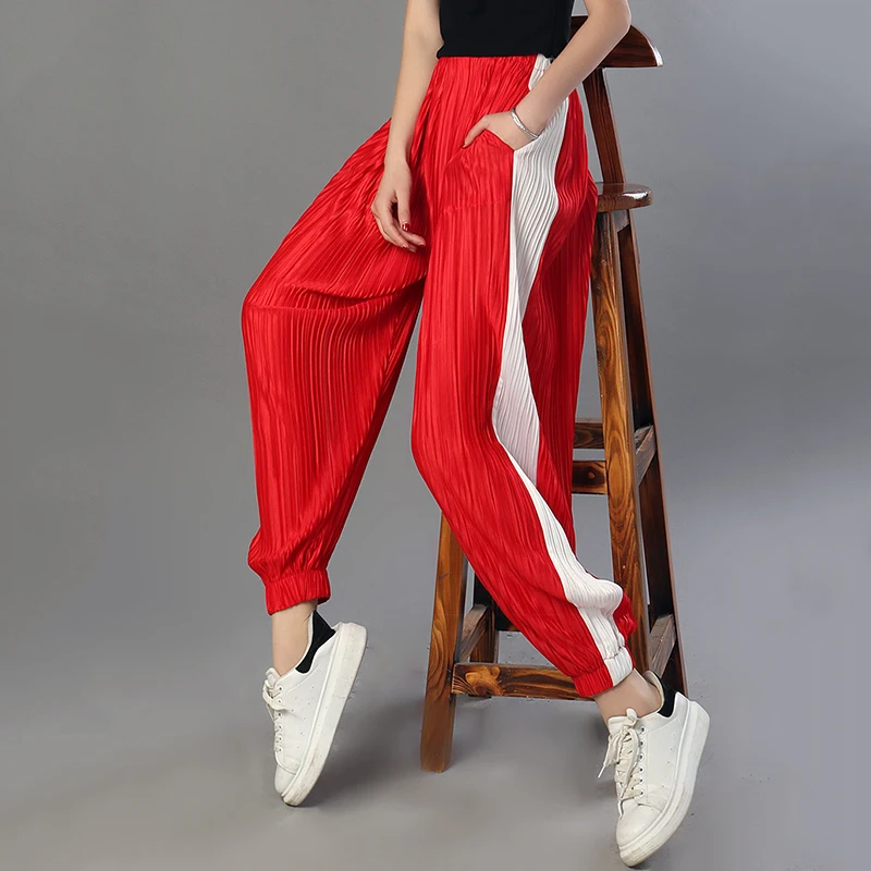 Шифон шаровары женские серии 2018 Весенняя мода новый Ruched Side Stripe эластичные