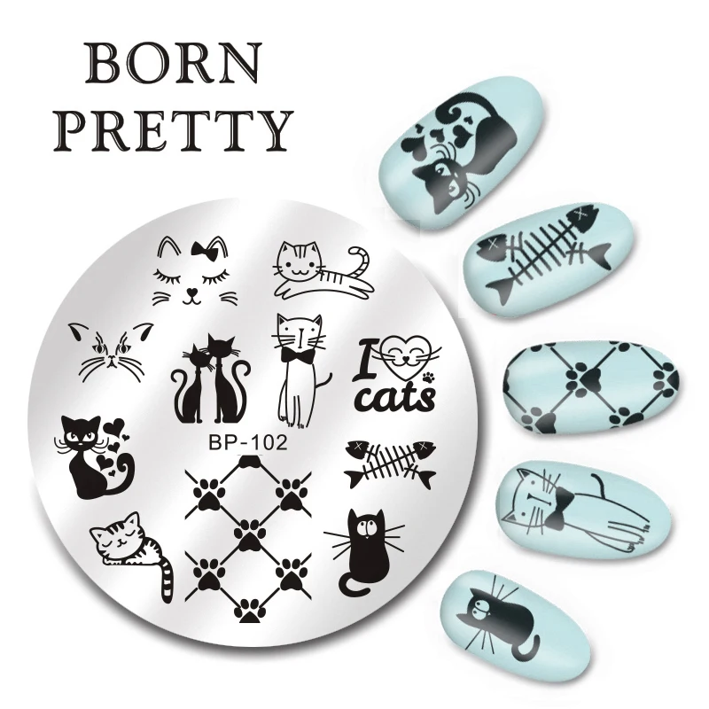 BORN PRETTY 5,5 см круглый шаблон для стемпинга для нейл-арта милые кошки Дизайн Шаблон изображение маникюр ногтей печать пластины трафарет BP-102