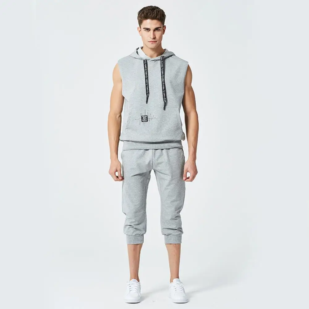 

Brand Mens Tracksuit Solid Sportswear Casual Sporting Suit Men 2 pieces Set Spring Summer Sleeveless Hoodie+Pants Outfit EU Size