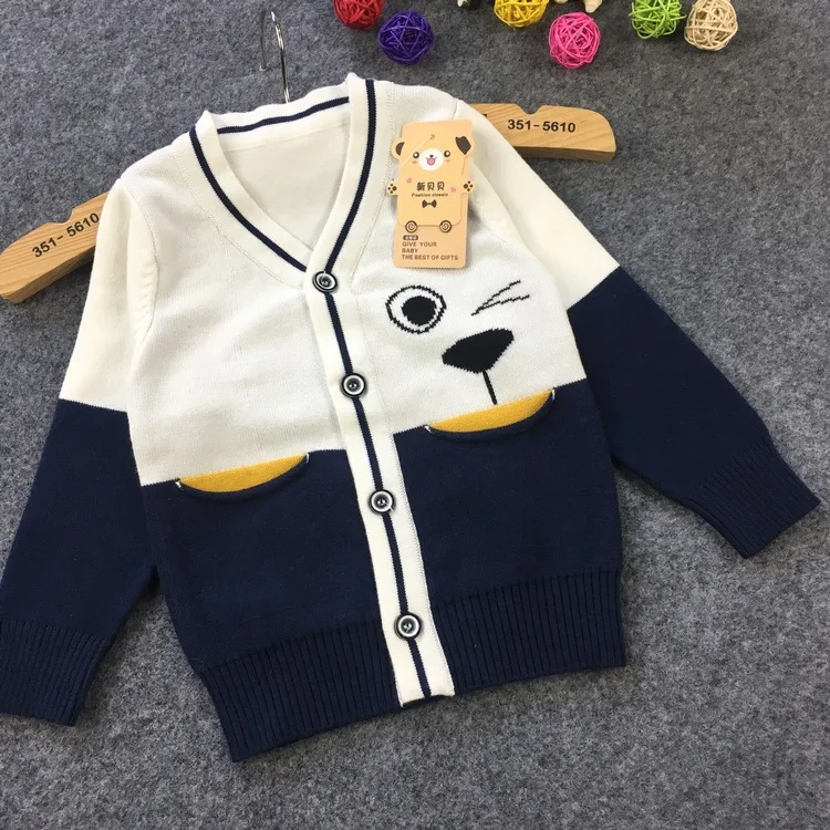 Детское шерстяное пальто с героями мультфильмов Зимний вязаный кардиган Теплый свитер с v-образным вырезом контрастного цвета хлопковый свитер