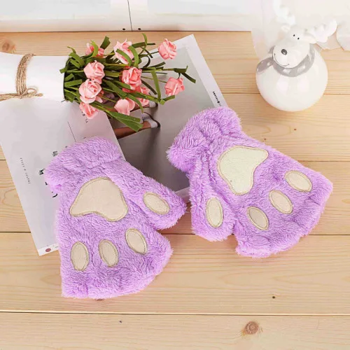 Зимние перчатки для женщин и девочек, перчатки из плюша, перчатки с когтями медведя, кошки, перчатки на половину пальцев, женские чехлы, милые перчатки без пальцев, аниме - Цвет: purple