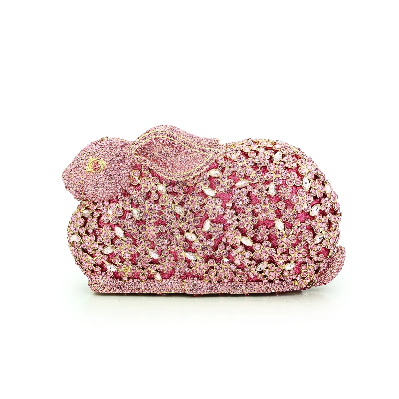 

cute handmade baby pink rabbit crystal clutch bags handbag women prom evening bags rhinestone bags