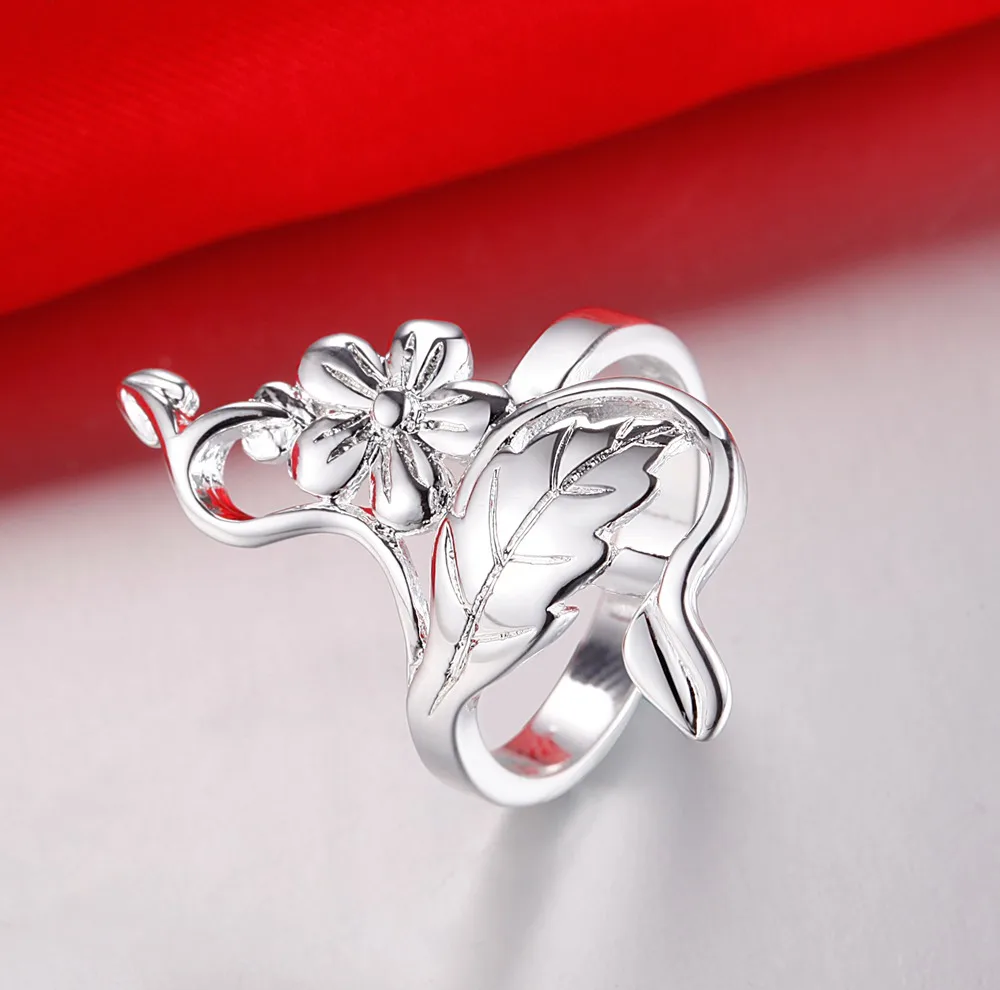 Женское кольцо из серебра 925 пробы с цветком и листьями|silver plated rings|fashion jewelry ringjewelry