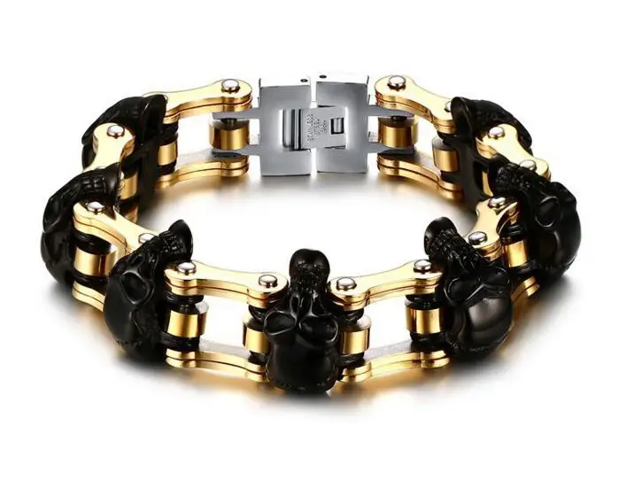 

Black gold 23mm Width Skull Bracelet 316L Stainless Steel Big Heavy Men Bracelet Biker Motorcycle Hand Chain Wholesale