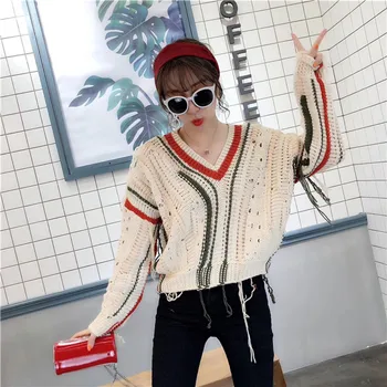 

2018 Direct Selling Sale Poncho Pullover Women's Sweater Striped V-neck Fringe Hood Openwork Sleeve Loose Knit Women Winter