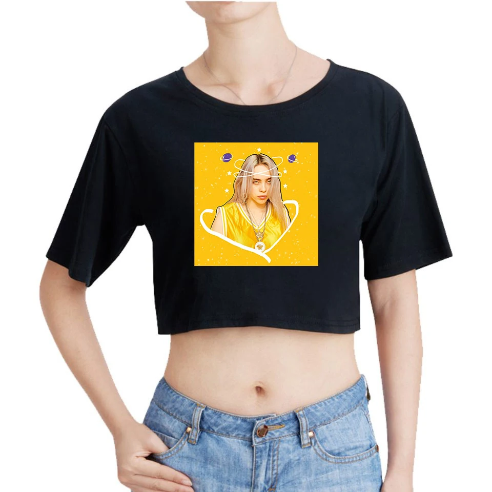 Billie Eilish, футболка с буквенным принтом, 2D принт, пупка, футболка, сексуальные топы, короткий рукав, тонкая посадка, Круглый ворот, черные футболки, новинка, для женщин, лето