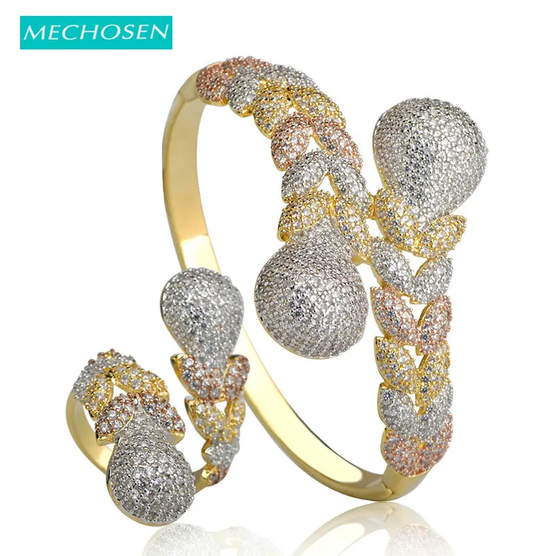 Skup MECHOSEN Fashion Dubai Jewelry Sets złoty kolor cyrkonia liście bransoletka regulowany zestaw pierścieni kobiety Lady ręczna dekoracja Joyas