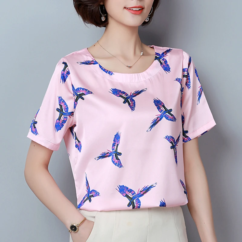 

Korean Fashion Womens Tops and Blouses Silk Women Blouses O-Neck Pink Women Shirts Plus Size XXXL/4XL Blusas Femininas Elegante