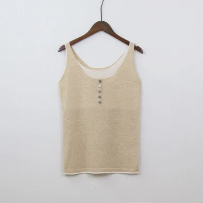 Apricot Tank Top Летние повседневные облегающие топы из хлопка и льна, женские короткие трикотажные топы без рукавов из 2 частей, белый укороченный женский топ - Цвет: Apricot Tank Top