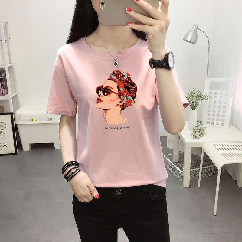 

Harajuku T Shirts Women Plus Size O-neck Tshirt Cotton Pink Female Retro T-Shirt Femme Tops Tee Shirt 2019 Summer White Black