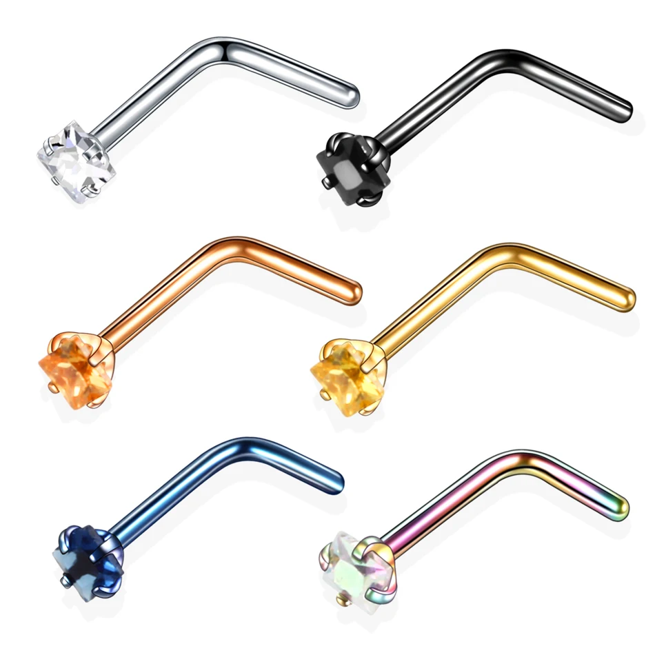

1PC Square Gem Nose Stud Piercing Rings Steel Crystal L Shape Nose Screw Piercings Nariz Earring Women's Piercing Jewelry 20G