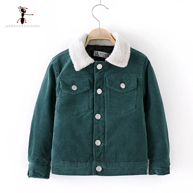 Коллекция года, брендовая Вельветовая Рабочая куртка в японском ретро стиле Брендовое пальто для мальчиков с воротником из овечьего меха теплая хлопковая Детская куртка с надписью, 3270 - Цвет: Dark green