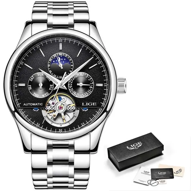 LIGE для мужчин часы лучший бренд класса люкс автоматические деловые s полный сталь Бизнес водонепроницаемые спортивные часы Relogio Masculino - Цвет: Silver black-S