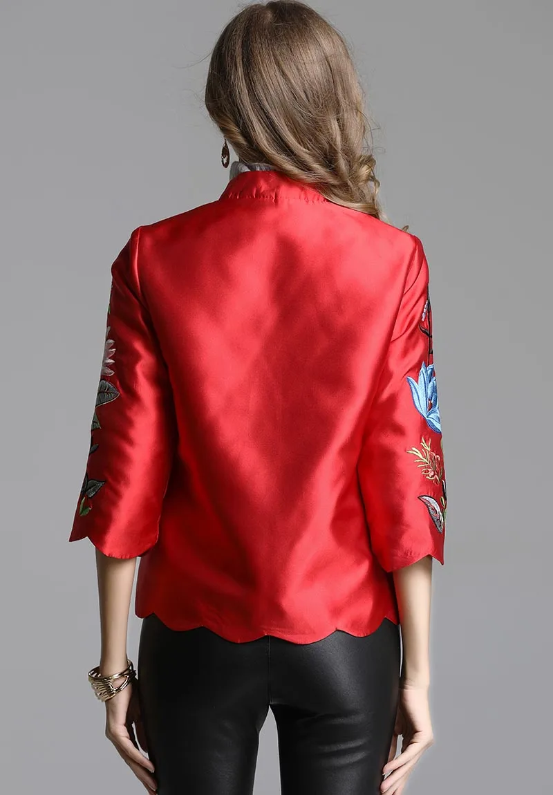 Haute Vintage Brodé Royal Automne Veste Manches Casual 3 Femmes Floral Femme fin rouge Tops xxl Baseball Lady 4 Vert S Manteau Court nBxItq8w5