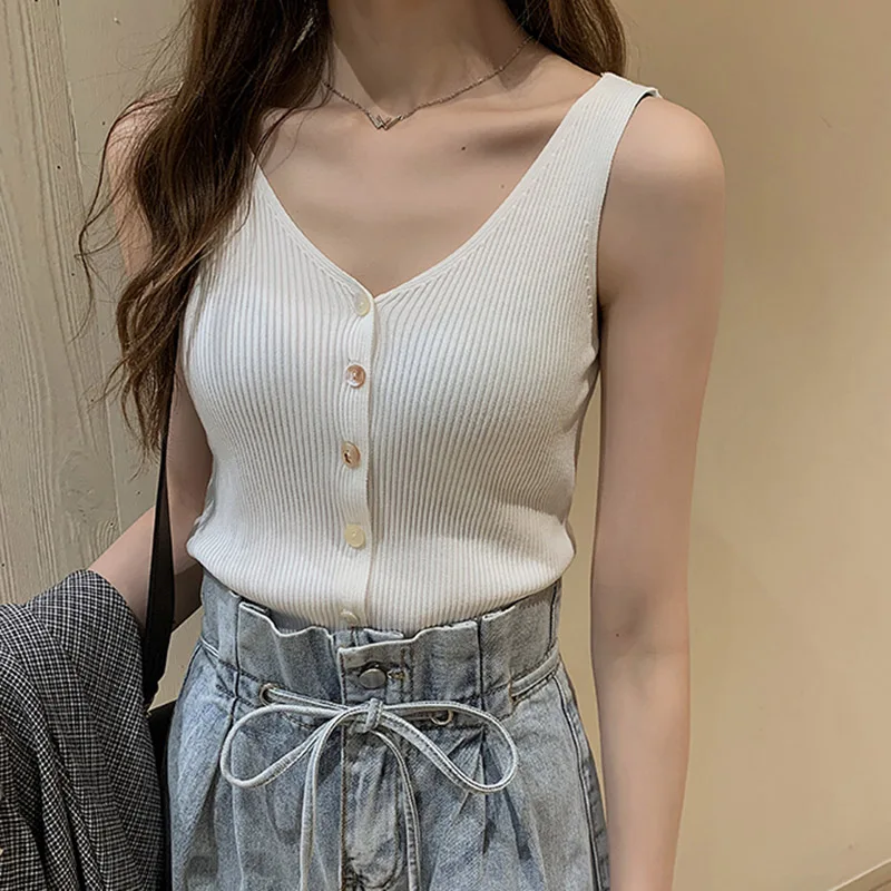 Белый Fashion Button Knit Vest Women Top Camisole Female Solid Elastic knited Slim Sleeveless Tops Femme Summer Casual Camis New - Цвет: Белый