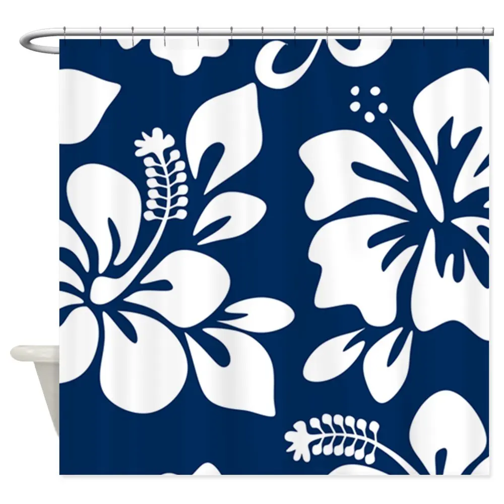 Navy Blue Hawaiian Hibiscus Decorative Fabric Shower Curtainin Shower Curtains from Home
