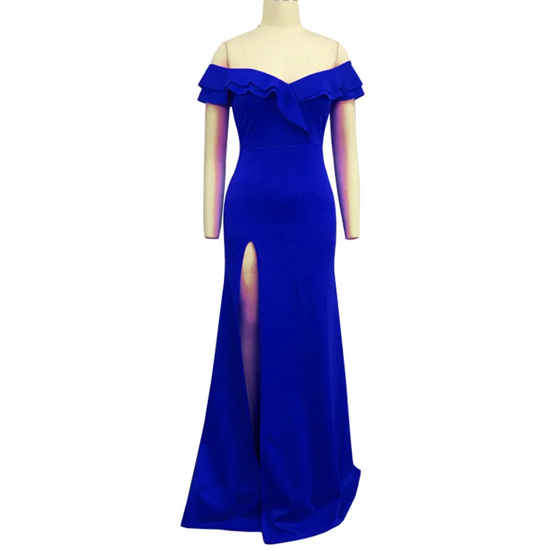 LIVA/Вечерние платья макси с оборками и открытыми плечами для девочек, сексуальное облегающее длинное платье с высоким разрезом, элегантное красное платье русалки, Vestidos Longo XXL - Цвет: Blue